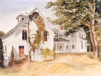 Featured is an image of a promotional postcard advertising the watercolor painting - specifically, house portraits - of Connecticut artist Jane White.  It realistically depicts a comfortable old "antique" home.  Hope she is still painting and gets a call... The original unused card is for sale in The unltd.com Store. 